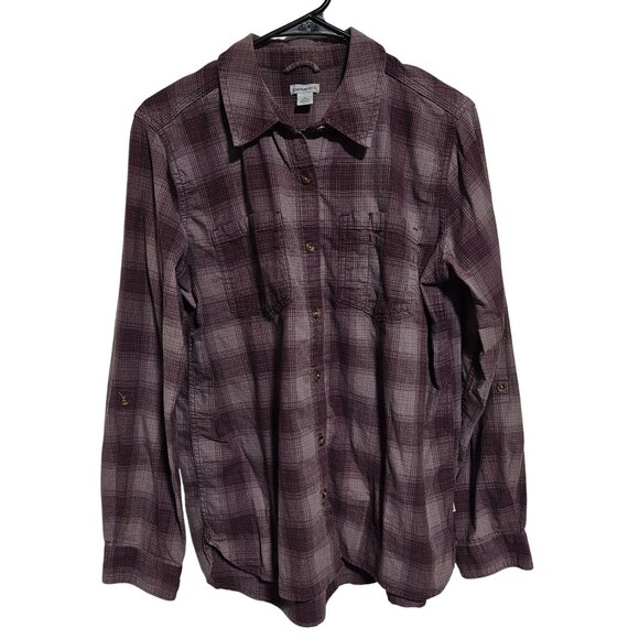 Carhartt Plaid Button Front Shirt Womens Size Large Purple Roll Tab Sleeve - Picture 1 of 7